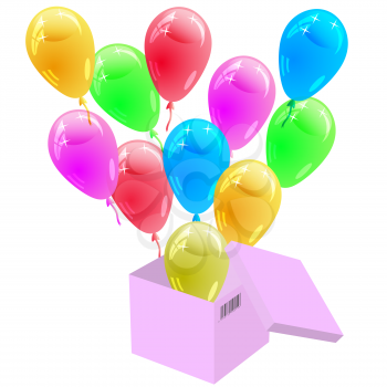 Glossy multicolored balloons flying out of the cardboard box. Vector illustration.