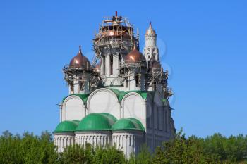 Construction   Cathedral with  domes of the Orthodox Church.  Barnaul, Russia