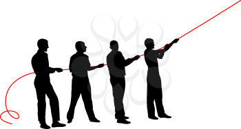 Black silhouettes of people pulling rope. Vector illustration.