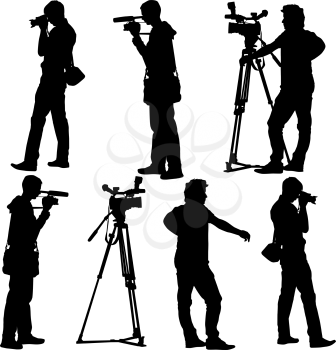 Cameraman with video camera. Silhouettes on white background. Vector illustration.