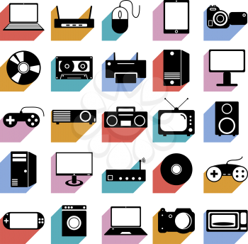 Collection flat icons with long shadow. Eectronic devices symbols. Vector illustration.