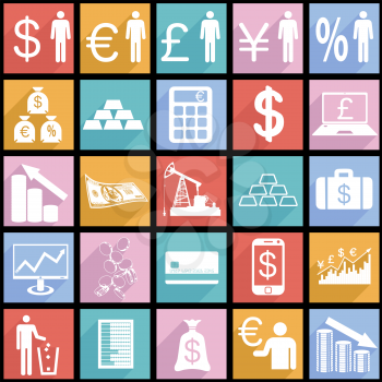 Collection flat icons with long shadow.  Finance symbols. Vector illustration.