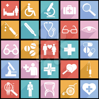 Collection flat icons with long shadow. Medicine symbols. Vector illustration.