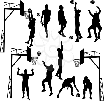 Black silhouettes of men playing basketball on a white background. Vector illustration.