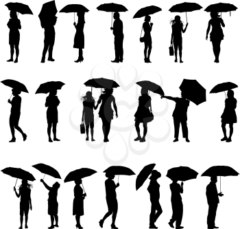 Set of black silhouettes of men and women with umbrellas. Vector illustration.