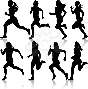 Set of silhouettes. Runners on sprint, women. vector illustration.