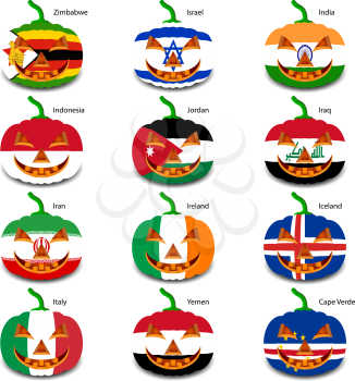 Set pumpkins for Halloween as a flags of the world. Vector illustration.