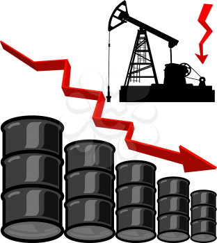 Oil barrel graph with red arrow pointing down. Vector illustration.