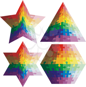 Jigsaw puzzle set in the form of geometric shapes, the colors of the rainbow. Vector illustration.