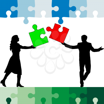 Jigsaw puzzle hold silhouettes of men and women color. Vector illustration.