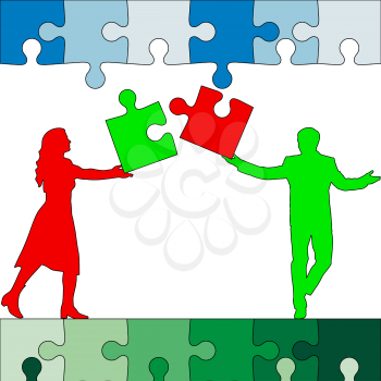 Jigsaw puzzle hold silhouettes of men and women green and red. Vector illustration.