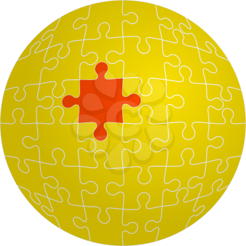 Jigsaw puzzle in the shape of a sphere with one red. Vector illustration.