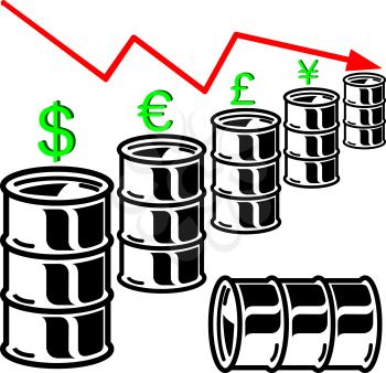 Oil barrel graph with red arrow pointing down. Vector illustration.