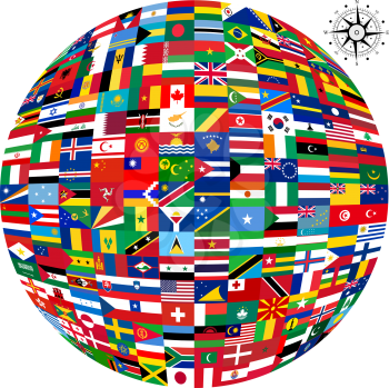 Flags of the world and  map on white background. Vector illustration.