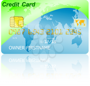 Green credit card with shadow over wite background. Vector illustration