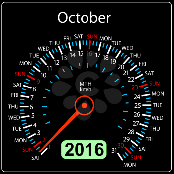 2016 year calendar speedometer car. October. Vector illustration.