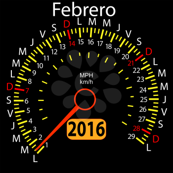 2016 year calendar speedometer car in Spanish, February. Vector illustration.