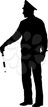 Black silhouettes  Police officer  with a rod on white background. Vector illustration.