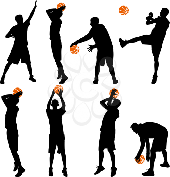 Set black silhouettes of men playing basketball on a white background. Vector illustration.