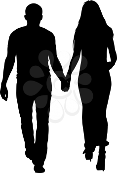 Silhouette man and woman walking hand in hand. Vector illustration.