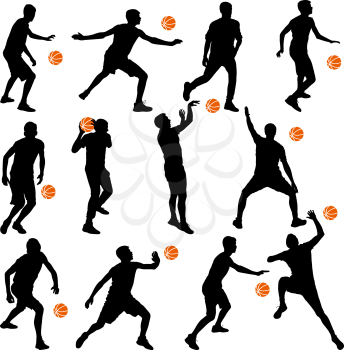 Black silhouettes of men playing basketball on a white background. Vector illustration.