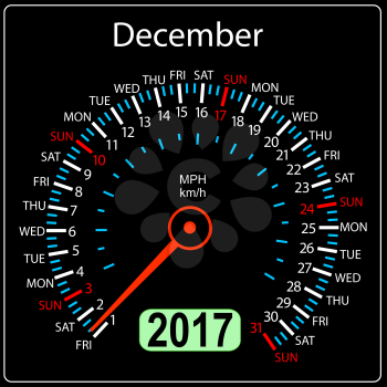 year 2017 calendar speedometer car in vector. December.