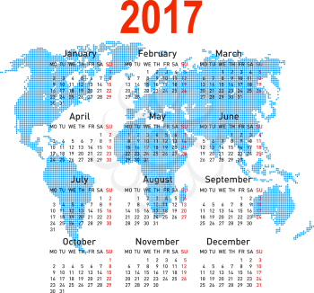 calendar 2017 with world map. Week starts on Monday