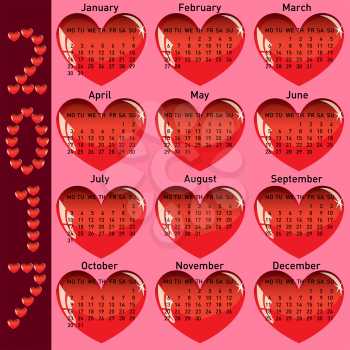 Stylish calendar with red hearts for 2017. Week starts on Monday.