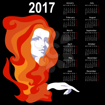 Stylish calendar with woman for 2017. Week starts on Monday.