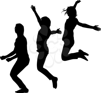 Silhouette of three young girls jumping with hands up, motion. Vector illustration.