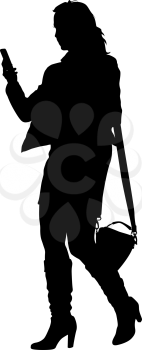 Silhouette young girl with handbag standing. Vector illustration.