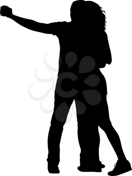 Silhouettes man and woman taking selfie with smartphone on white background. Vector illustration.