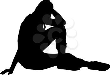 Black silhouettes woman sits leaning on the arm on white background. Vector illustration.