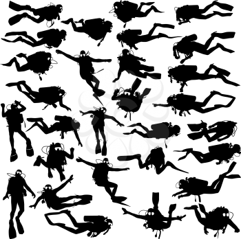 Set black silhouette scuba divers. Vector illustration.