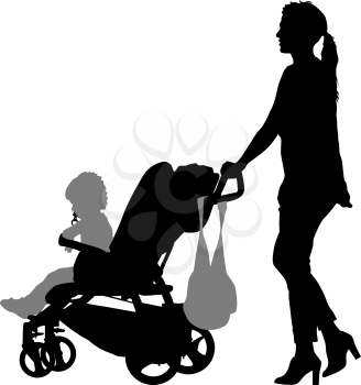 Black silhouettes Family with pram on white background. Vector illustration.