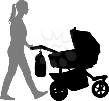 Black silhouettes Family with pram on white background. Vector illustration.