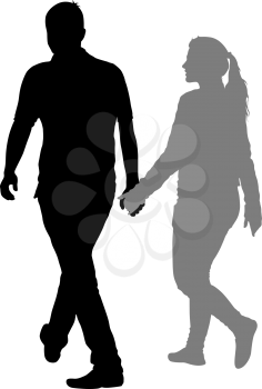 Silhouette man and woman walking hand in hand.