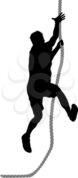 Black silhouette Mountain climber climbing a tightrope up on hands.