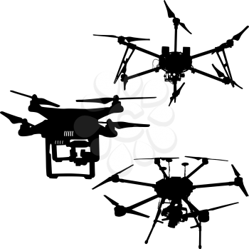 Black set silhouette drone quadrocopter on white background.