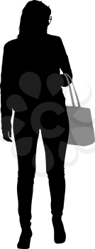 Black silhouette woman standing with a bag , people on white background.