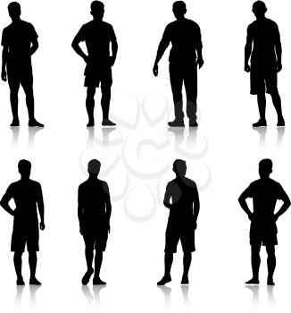 Set Black silhouette man standing, people on white background.