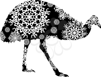 Christmas card ostrich in snowflakes on a white background.