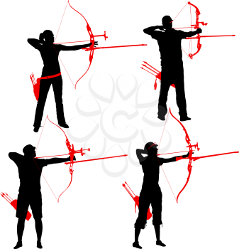 Silhouette set attractive male and female archer bending a bow and aiming in the target.