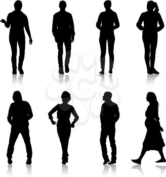 Set silhouette of People walking on White Background.