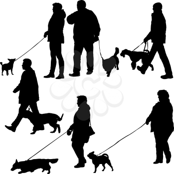 Set ilhouette of people and dog on a white background.