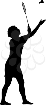 Black silhouette of female badminton player on white background.