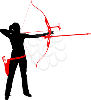 Silhouette attractive female archer bending a bow and aiming in the target.