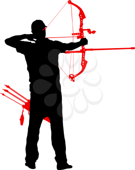 Silhouette attractive male archer bending a bow and aiming in the target.