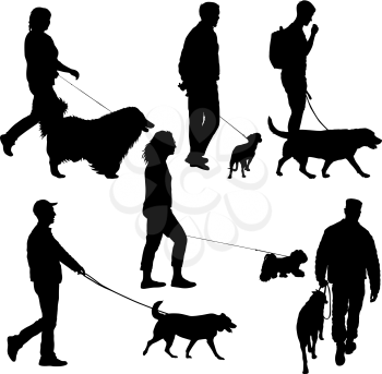 Set silhouette of people and dog on a white background.