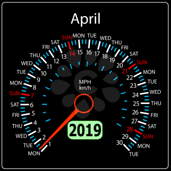 The 2019 year calendar speedometer a car April.